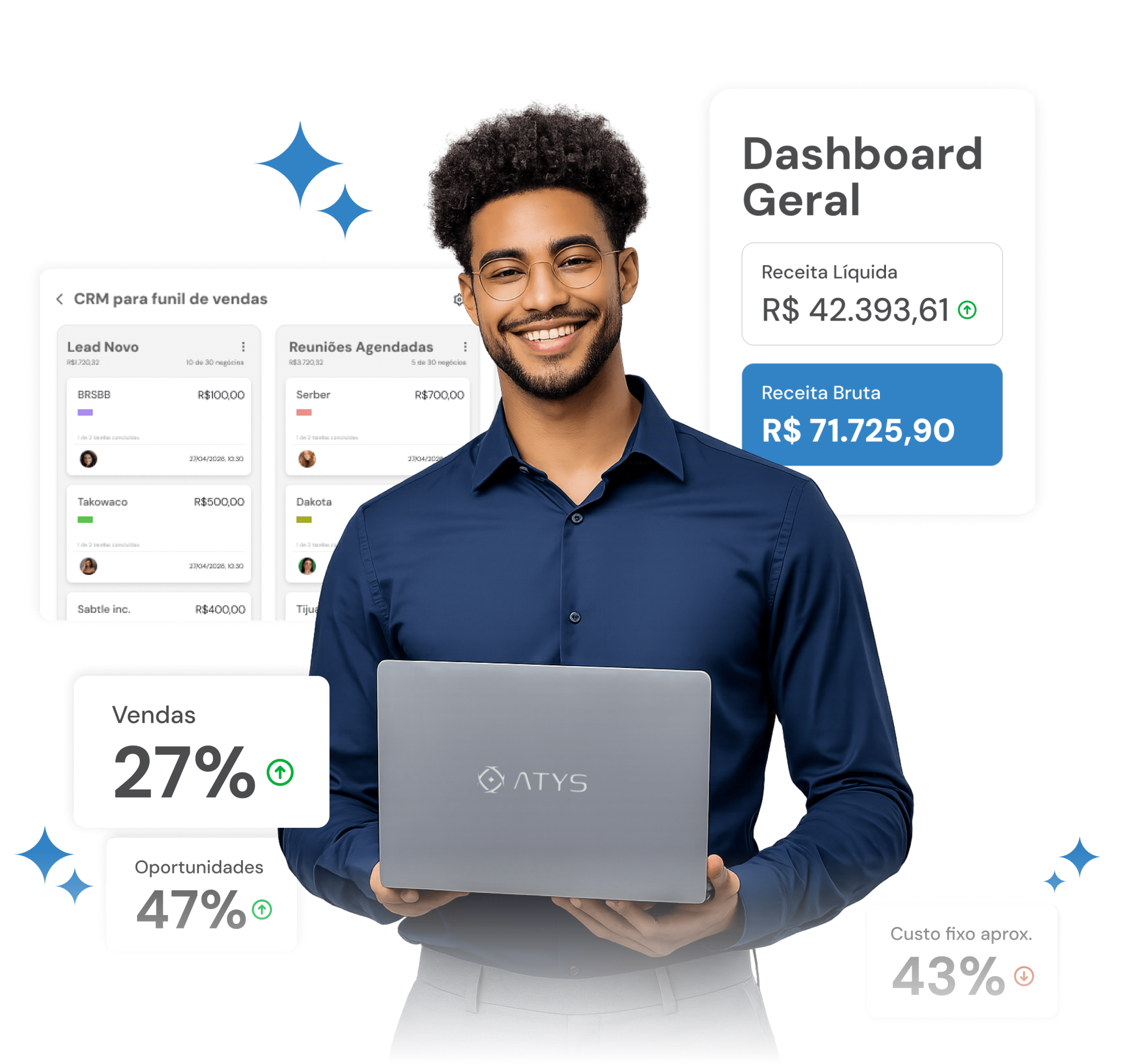Especialista Atys segurando notebook com o painel de CRM e dashboard financeiro ao fundo